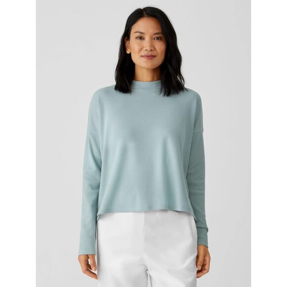 Cozy Waffle Knit Mock Neck Box-Top EILEEN FISHER  Size XL in Light Blue Grey - Picture 1 of 6